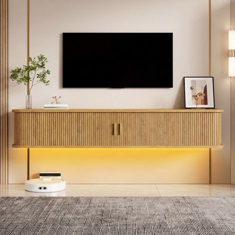 Mueble TV mural 175x30x30 cm – Lowboard suspendido con frente acanalado, LED regulable por App, MDF, para salón (1/5)