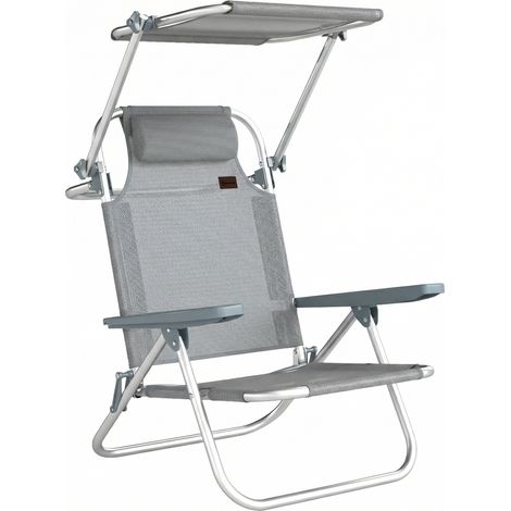 Chaise transat inclinable sur 6 niveaux avec auvent ajustable anti-soleil et appui-tête intégré, structure en aluminium et maille respirante, dimensions 62x68x79 cm, couleur gris discret.