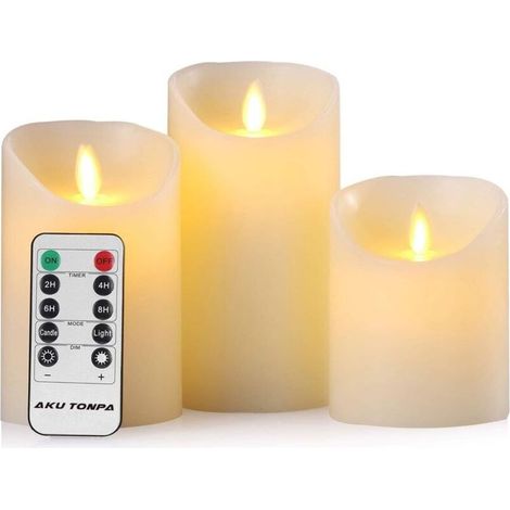 Bougies à LED Lot de 3 bougies LED sans flamme à piles en cire véritable avec mèche mobile et télécommande - Minuterie de 24 heures (P x H : 7.5 x 10/12,7/15,2 cm) (1/5)
