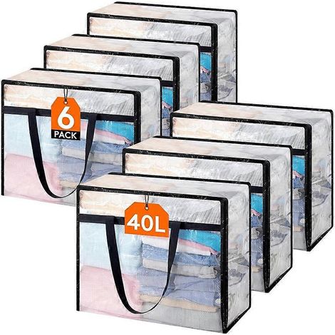 6er-Pack transparente Aufbewahrungsbeutel (40 l), faltbar, mit Reißverschluss, für Bettdecken, Bettwäsche und Deckenbezüge. Transparent und schwarz. (1/5)