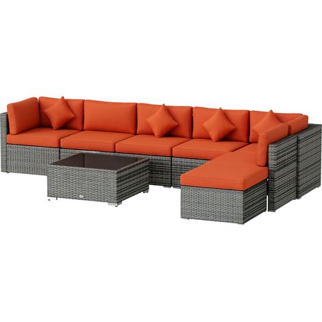 Eight-Piece Rattan Sofa Set - Orange/Grey