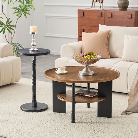 Set de 2 mesas de centro redondas en MDF, nogal y negro, Ø 80 cm con almacenamiento + Ø 38 cm (1/5)