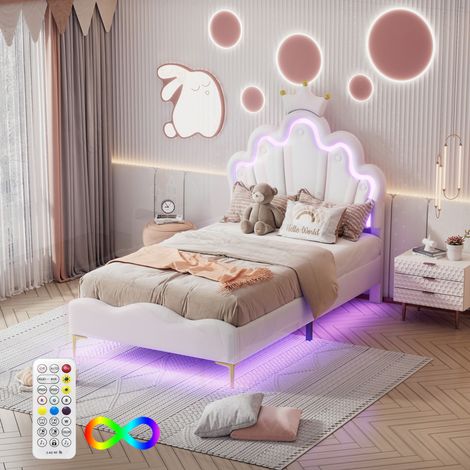 Lit 90 x 190, lit princesse couronne avec LED, lit enfant fille rembourré en PU avec tête de lit nuage réglable, éclairage LED multicolore avec télécommande, blanc (1/5)