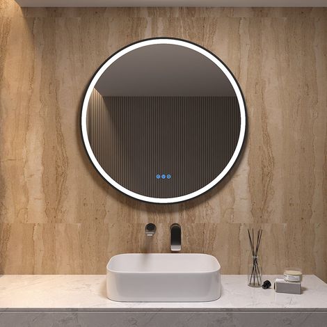 LED Badspiegel Schwarz Rahmen Badezimmerspiegel Rund 80 cm Wandspiegel, Dimmbar, Touchschalter/anschließbarer Wandschalter, IP44 (1/5)