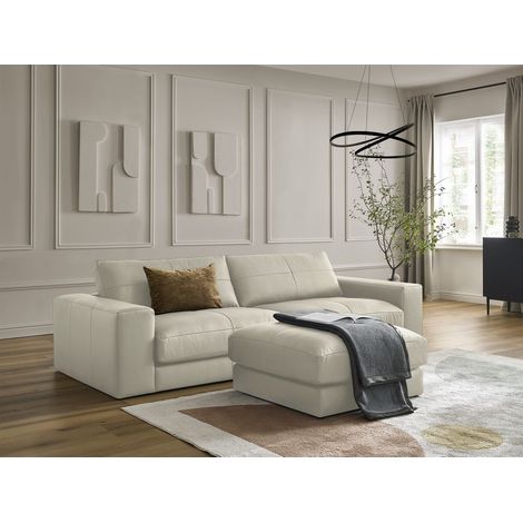 BOBOCHIC - Canapé droit fixe 3 places LEONARD cuir de vache avec pouf Beige (1/5)