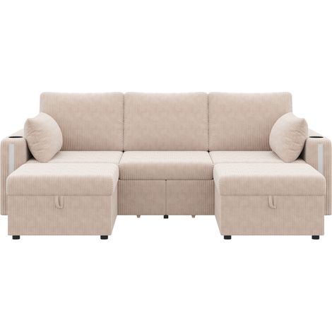 Sofá Modular en U y L con 2 Pufs de Almacenaje, Luz LED, Puertos USB y Type C, Corduroy Beige (1/5)