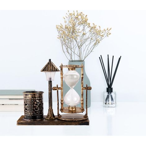 Cadeau original pour étudiant : porte-stylo en forme de lampadaire à sable mouvant de style antique, sablier blanc, veilleuse bicolore, doré (1/5)