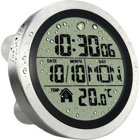 Horloge numérique étanche IPX4 : heure/date/semaine/température, ventouse pour salle de bain et cuisine (1/5)