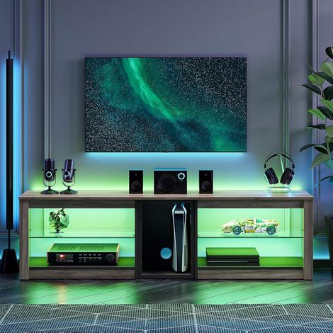 Meuble TV bas pour téléviseurs 65" et plus petits, 160 x 35 x 52 cm, meuble TV avec lumières LED RVB, table TV avec gestion des câbles intégrée, plateau en verre réglable (1/5)