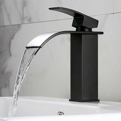Ahlsen Schwarzer Wasserfall-Waschtischmischer Schwarzer Wasserfall-Waschtischmischer mit hohem Auslauf Schwarzer Badezimmer-Wasserhahn Wasserfall Schwarzer Badezimmer-Mischbatterie aus Edelstahl, 1,3 (1/5)