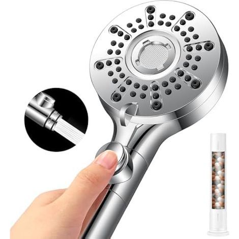 Pommeau de Douche, Pomme de Douche Anti Calcaire Grand Economie Deau, 5+1 Types de Jets, Lance à Haute Pression, Arrêt d'eau à une Touche (Pommeau Douche-G1/2) (1/5)