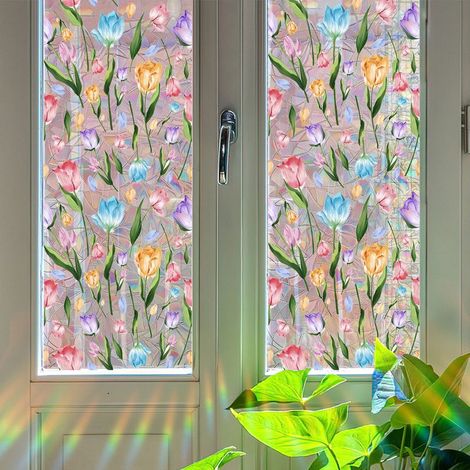 1 film de vitrail, motif floral arc-en-ciel, statique non adhésif, réutilisable, pour fenêtre intérieure et intimité (1/5)