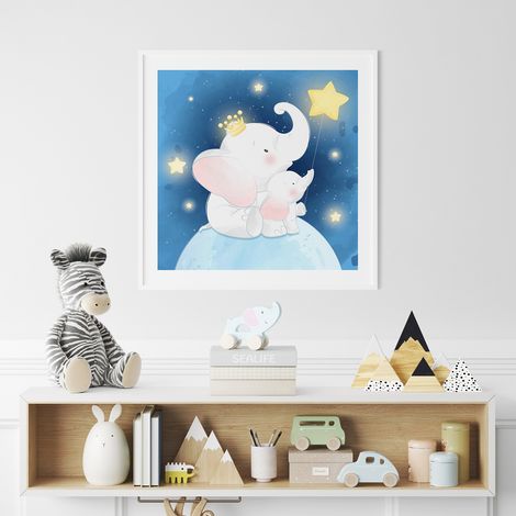 Poster / Affiche carrée Enfants - Éléphant Étoiles - 50x50 cm (1/3)