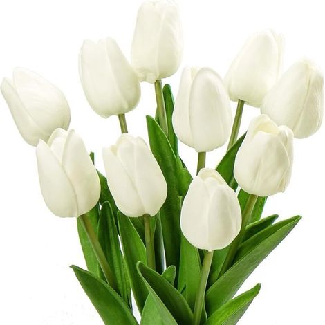 10 tulipes artificielles, tulipes artificielles, fausses tulipes pour décoration de salon ou de chambre (blanches) (1/4)