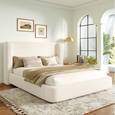 Polsterbett Beige Bouclé, Doppelbett mit Lattenrost und gepolstertem Kopfteil 180x200 cm (1/5)