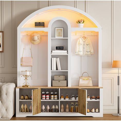 Armario recibidor 150x40x195 cm blanco en MDF con puertas, estantes, ganchos y luz LED USB (1/5)