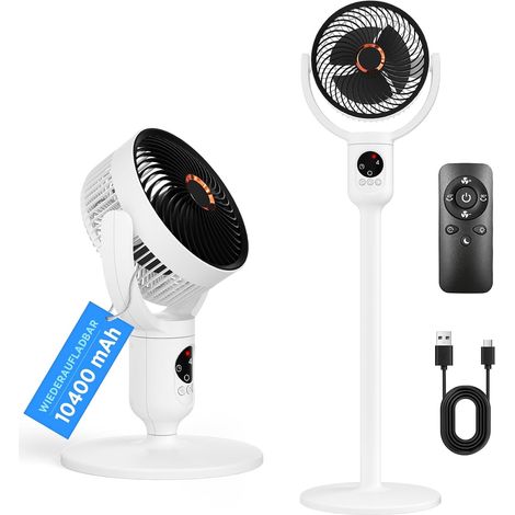 Ventilateur sur pied silencieux Lepwings – 2en1, télécommande, batterie 10400mAh USB-C, oscillation 90°, inclinaison 120°, pour table/sol, chambre/bureau/camping, autonomie longue durée (1/5)