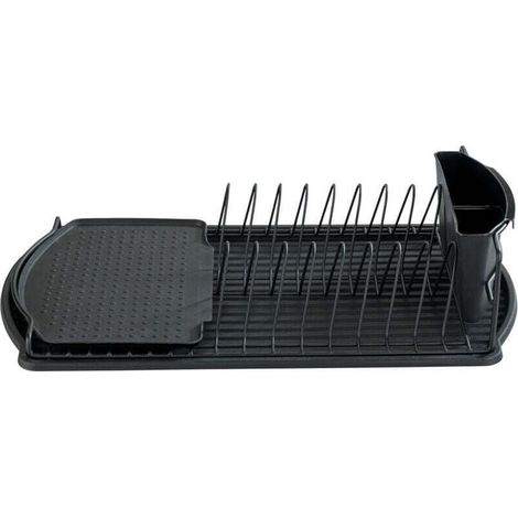Geschirrabtropfgestell, Besteckkorb, Tellerhalter, herausnehmbare Abtropfschalen, beschichtetes Metall und Kunststoff, 47,5 x 11 x 26,5 cm, Schwarz