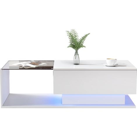 Table Basse Blanche Brillante 100x50x32 cm avec Plateau en Verre et Tiroir – Résistante aux Rayures, LED Intégré, Design Moderne (1/5)