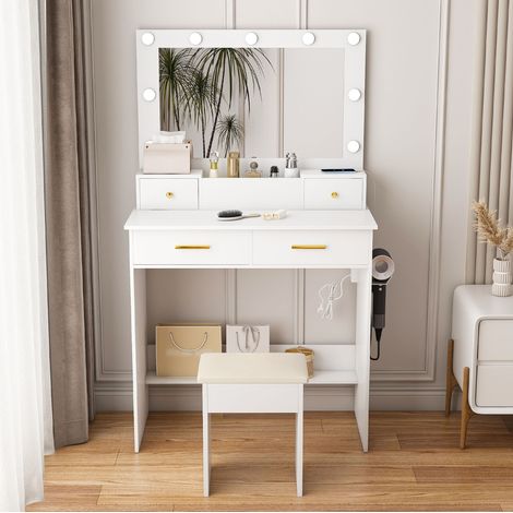 Scrivania trucco LED con cassetti in MDF bianco OKMYHOME (1/5)