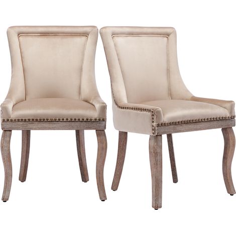 Chaise de salle à manger luxueuse (chaise de cuisine, chaise de salon, lot de 2), chaise rembourrée avec clous décoratifs, pieds en bois massif, revêtement en velours, beige