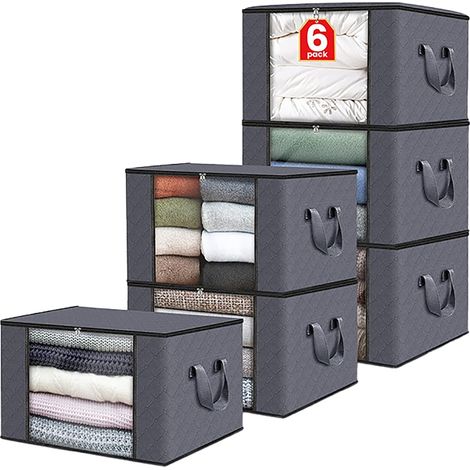 Set di 6 contenitori portaoggetti, con cerniera, pieghevoli, con robuste maniglie, tessuto spesso, adatti per vestiti, letti, piumoni, lenzuola, cuscini e giocattoli, 60 litri, 55x35x32 cm, grigio (1/5)