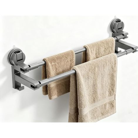 Porte-serviettes double sans perçage avec ventouse - Porte-serviettes mural avec 2 crochets pour salle de bain et cuisine - Extensible - 52 à 90 cm (1/5)