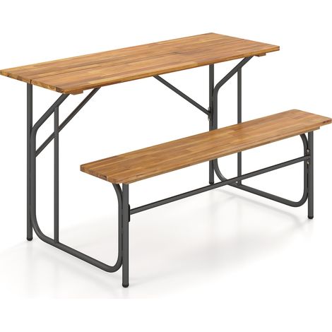 Table-banc de jardin en acacia pour 2 personnes avec cadre métallique renforcé et pieds réglables pour terrasse balcon et jardin
