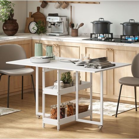 MEUBLIV Table à manger pliante blanche 133,4 x 80 x 75 cm avec 2 étagères ouvertes (1/5)