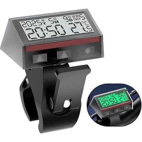 Solaruhr für Motorrad und E-Bike mit Datums-, Wochentags- und Temperaturanzeige, hintergrundbeleuchtetem LCD-Bildschirm, wasserdichtem Thermometer mit Ständer. (1/5)