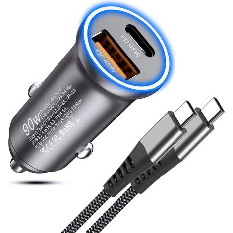 Chargeur Allume Cigare USB C Rapide 90W, Chargeur Voiture USB C PD45W+QC45W Adaptateur Prise Allume Cigare USB Rapide Chargeur Telephone Voiture avec Cable pour iPhone 15 Pro Max,Samsung S23 S22 S21 (1/5)