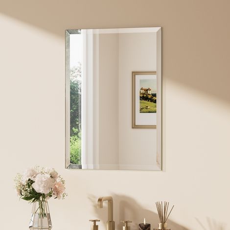 Keonjinn Badspiegel Facettenschliff, 55x75cm Bad Spiegel mit Gehärtetes Glas und Splitterschutzfolie,Rahmenloser Badezimmerspiegel, Rechteckiger Wandspiegel Vertikal Horizontal Möglich, für Garderobe