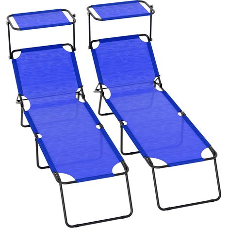 2 Lettini Pieghevoli con Tettuccio Regolabile e Schienale Reclinabile, Struttura in Metallo Nero, Sdraio Prendisole per Spiaggia, Mare, Giardino e Piscina - 187 x 53 x 24 cm (Bianco) - Colore: Blu (1/4)