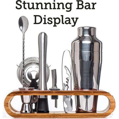 (Argent) Kit de barman Mixology : ensemble de 10 outils de bar avec support élégant en bambou (1/5)