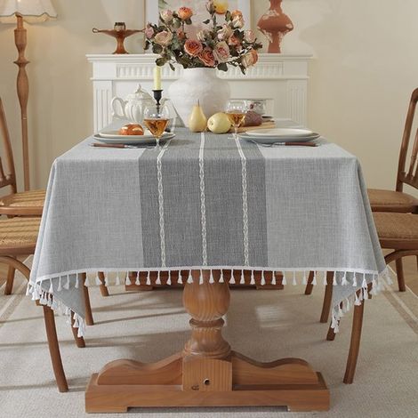 Nappe rectangulaire d'extérieur en lin, nappe en coton imperméable de style bohème champêtre avec pompons, robuste et infroissable, pour les pique-niques (1/5)