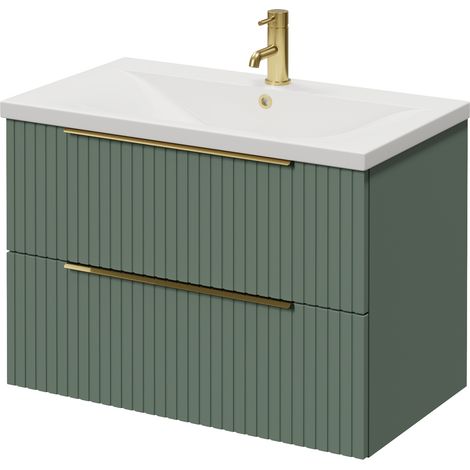 Helix 460 Fluted Satin Green 800mm Wall Mounted 2 Drawer Vanity Unit with Glide Basin