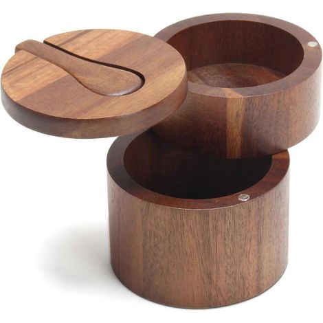 Bol à sel avec cuillère, salière et poivrière de 200 ml, modèle à trois compartiments, petite salière en bois d'acacia, compatible avec un plan de travail. (1/5)
