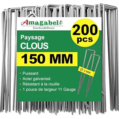 200 Piquets de jardin, Acier galvanisé, Forme U, 150 mm, Pour toile de paillage et bâche, Usage extérieur