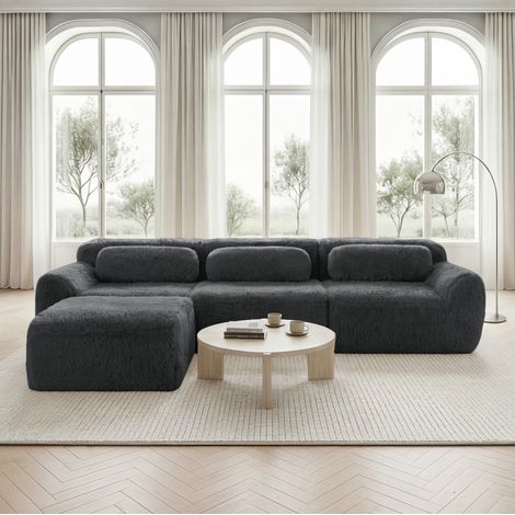 Modulares Ecksofa aus Plüschstoff, ohne Montage, mit Kissen, grau HAVRYA (1/5)