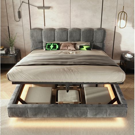 MODFU – Letto contenitore 140x190 cm in ciniglia con LED, USB/Type-C, contenitore idraulico, rete a doghe e carico 300 kg – Grigio (1/5)