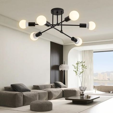 1 Lustre Plafonnier Industriel, 6-Lumières, Métal, Base E27, Max 40W, Diamètre 52cm, Salon (1/5)