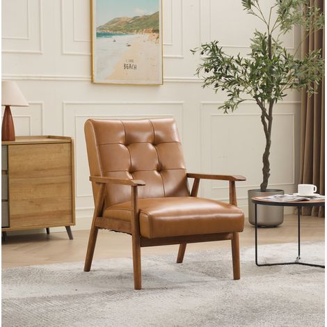 Handgefertigter Loungesessel mit Pull-Point-Nähten, bis 150 kg, Leder und Holz, Hellbraun (1/5)