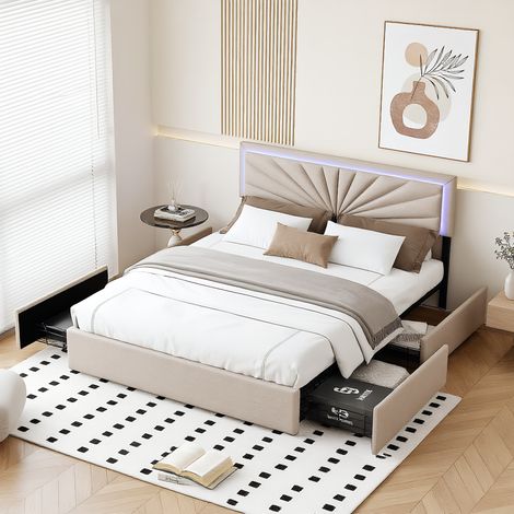 Polsterbett 140x200 cm mit LED-Beleuchtung, Doppelbett mit 4 Schubladens, Modernes Jugendbett, Bettgestell mit Kopfteil und Lattenrost, Leinen Beige, Ohne Matratze