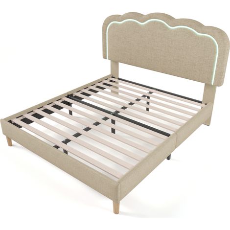 Letto Matrimoniale 140×200 cm con Testiera Regolabile e LED, senza Materasso, in Lino, Beige (1/5)