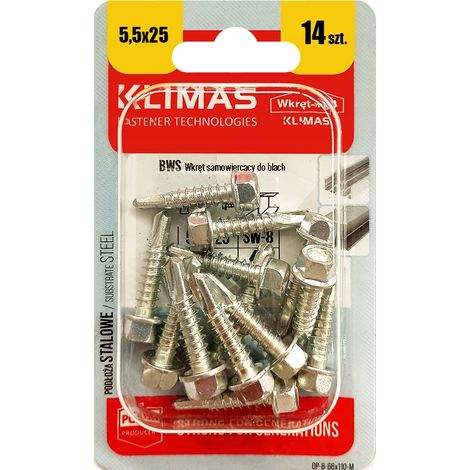 Vis Autoperceuses Pour Tôle Klimas, 5.5 x 25 mm, Tête Hexagonale, Blister 14 Pièces (1/5)