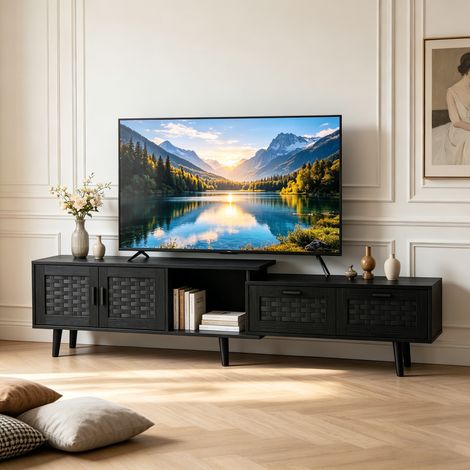 Ausziehbarer TV-Schrank aus Rattan, 180 cm, TV-Schrank mit 2 Türen und 2 Schubladen, TV-Halterung für Fernseher bis zu 75 Zoll, viel Stauraum