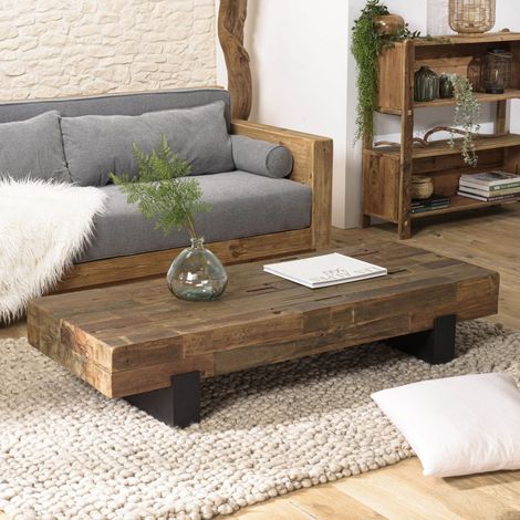 Macabane – Table basse rectangulaire marron en teck recyclé et acier – Dimensions 160.5 x 63.5 x 30.5 cm – Style industriel (1/5)