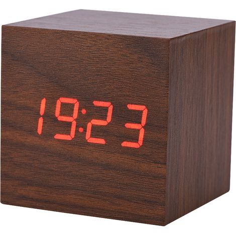 Digitaler elektronischer Wecker aus Holz, 6 x 6 x 6 cm, LED-Temperaturanzeige, Sprachsteuerung, braun (1/5)