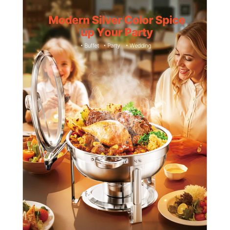 Lot de 4 réchauds buffet argent inox 5 Qt avec 4 bacs plein format, chauffe-plats rond couvercle verre bac eau pied pliant porte combustible mariage événement banquet (1/5)
