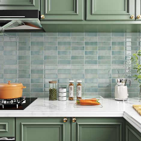 Faux Carrelage Adhesif Mural Cuisine Vert 30x30 Dalle PVC Adhesive Murale pour Salle de Bain Cheminée 16 Pièces Lavable Credence Adhesive Salle de Bain Crédence Adhésive Cuisine Vert Sauge (1/5)